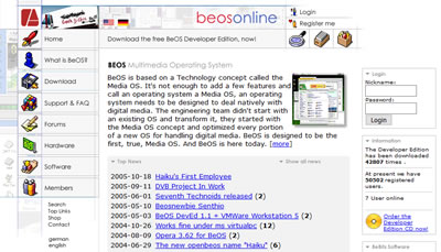 Screesnhot der BeOS Online Webseite beosonline.de