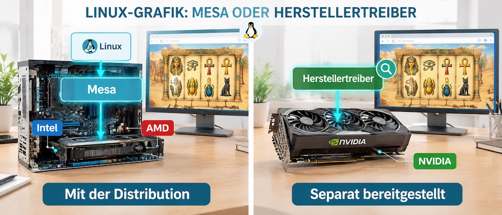 Bei Intel und AMD kommt der Treiber aus Mesa, bei NVIDIA vom Hersteller