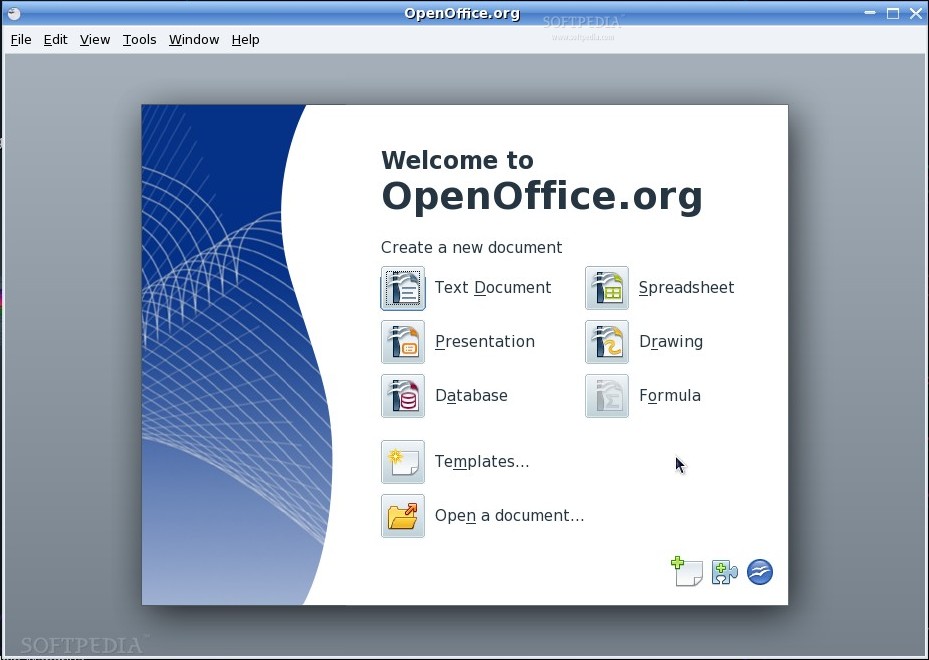 Startbildschirm von OpenOffice für Linux