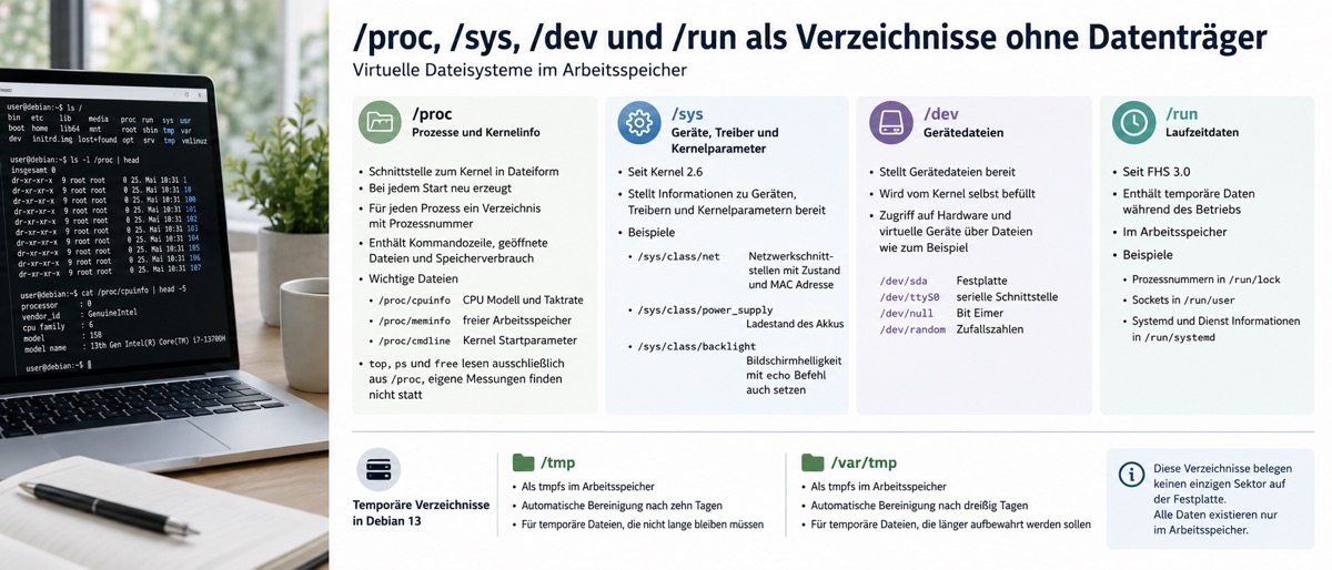 /proc, /sys, /dev und /run als Verzeichnisse ohne Datenträger