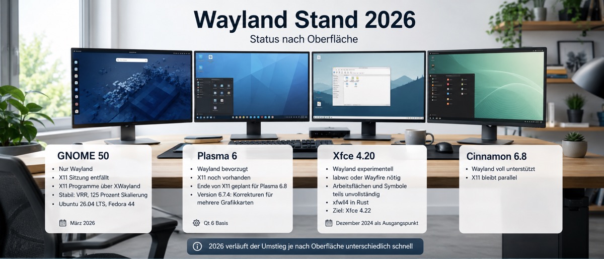 Wayland-Stand 2026 nach Oberfläche